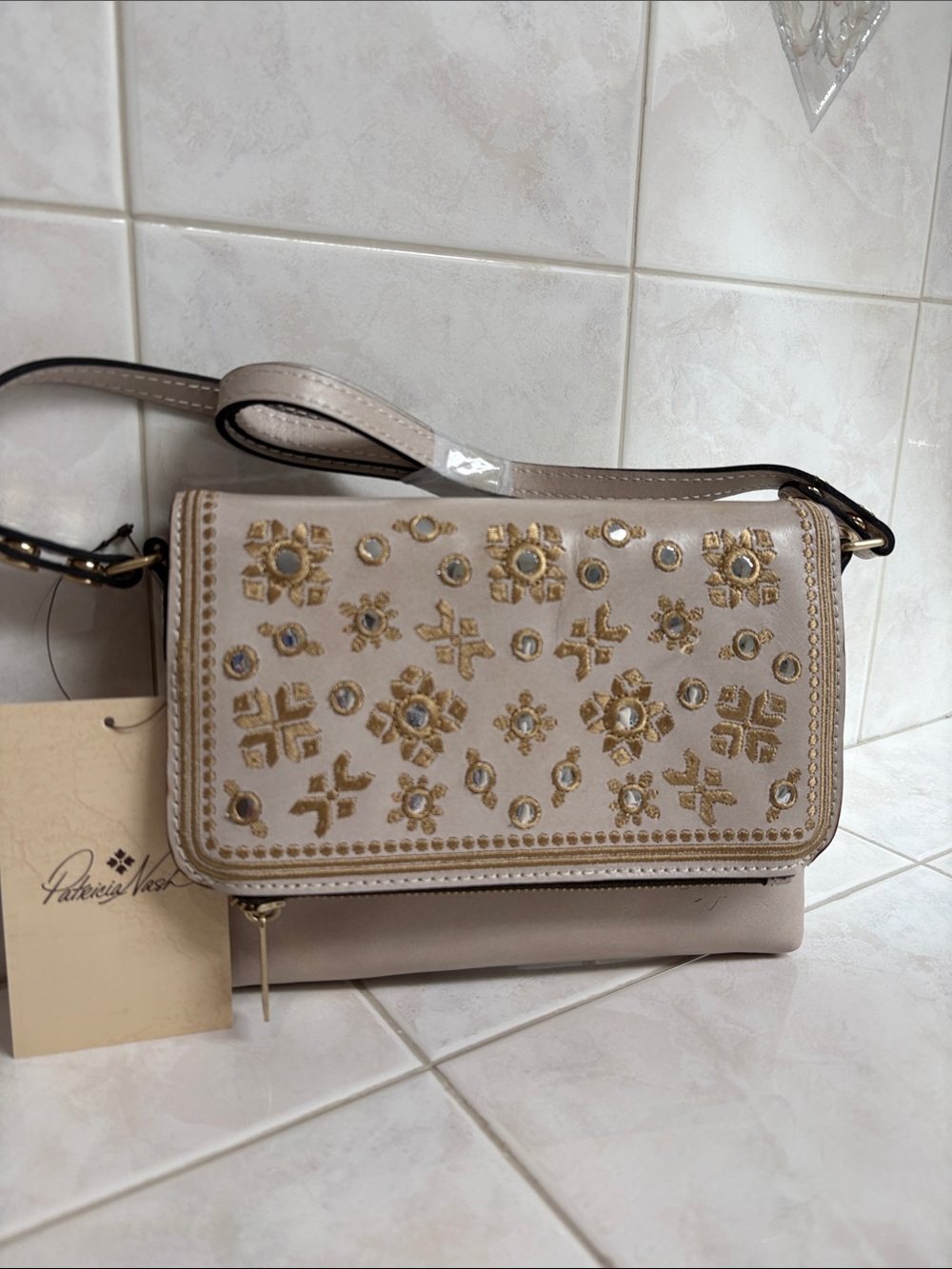 Patricia Nash Greek Mirror Embellished Corfu Chalk Leather Flap Crossbody Bag